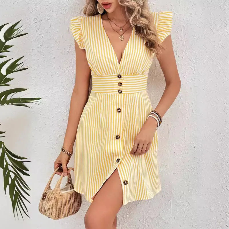 Women’s V-Neck Stripe Beach Shirt Dress